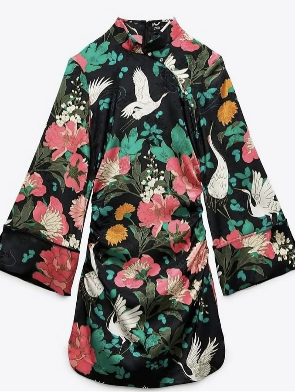NWT ZARA Floral & Crane Print Satin Dress